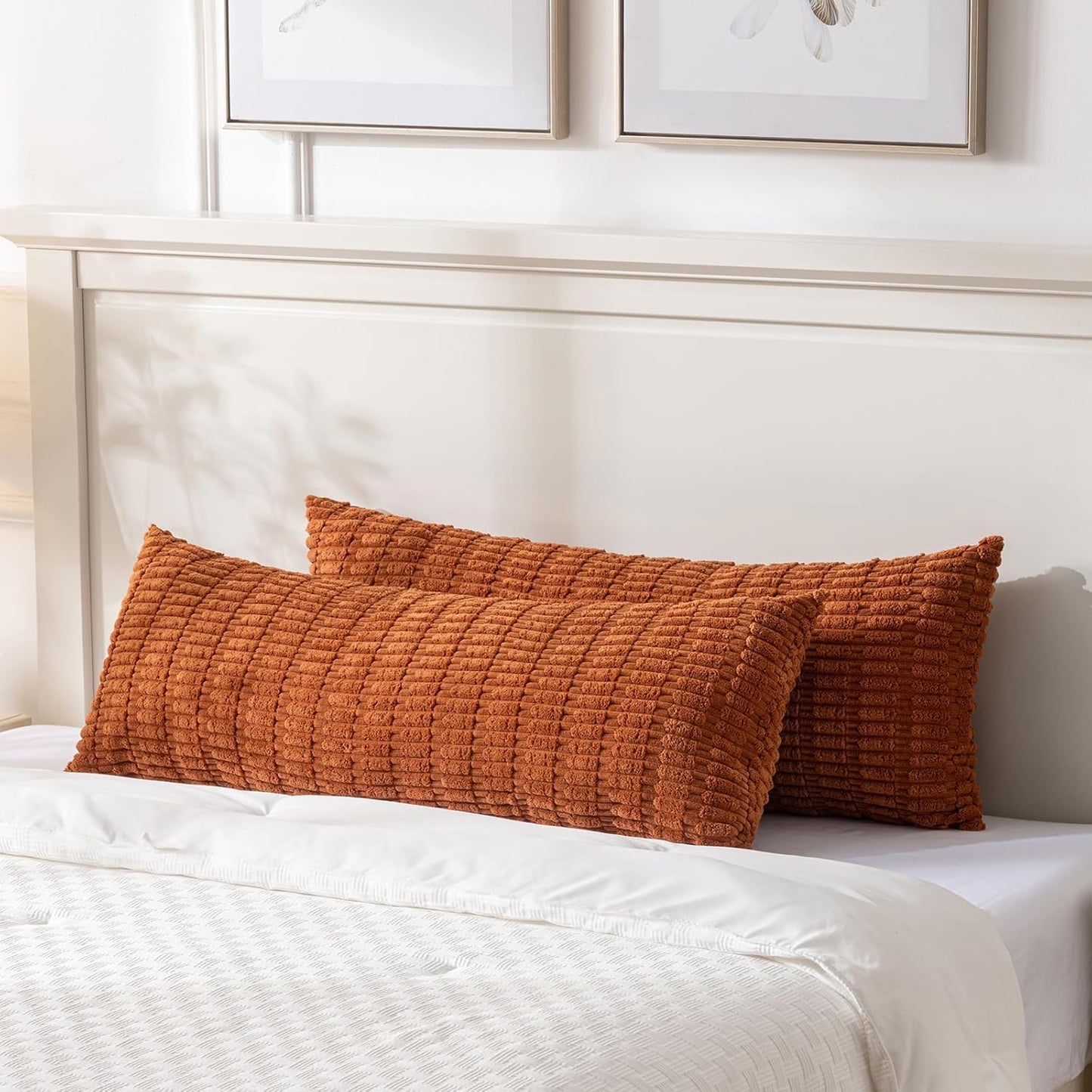 Fancy Homi Rust Long Long Body Lumbar Decorative Throw Pillow Covers 20x54 Inch for Bed Couch Bedroom Bench, Soft Corduroy Rectangle Solid Pillow Case, Terracotta Rustic Farmhouse Boho Room Decor
