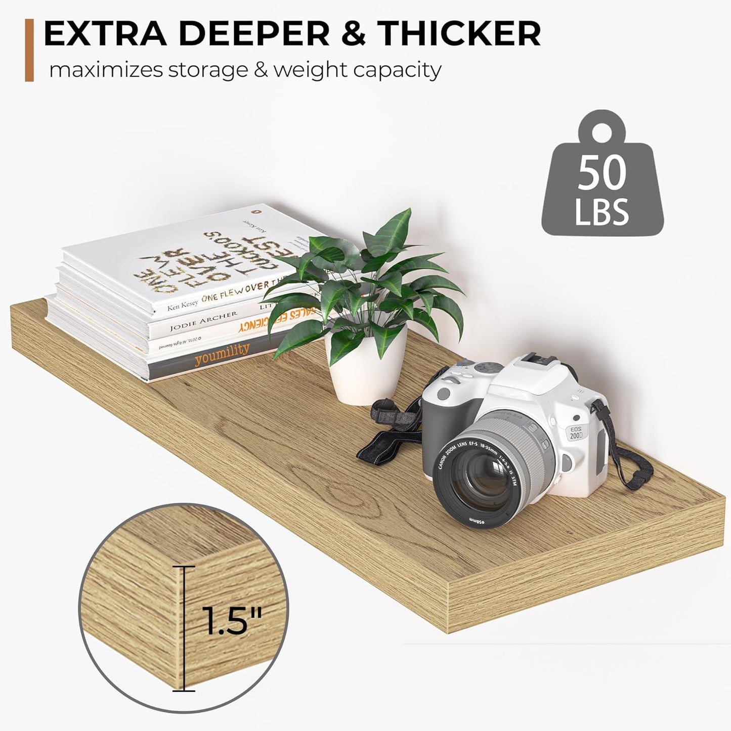 Fun Memories Floating Shelves - 24 Inch Rustic Wooden Wall Shelves - Extra Deeper & Thicker Wall Mounted Storage Shelf for Living Room, Kitchen, Farmhouse - 24" x 9" x 1.6" 2Pack, Oak