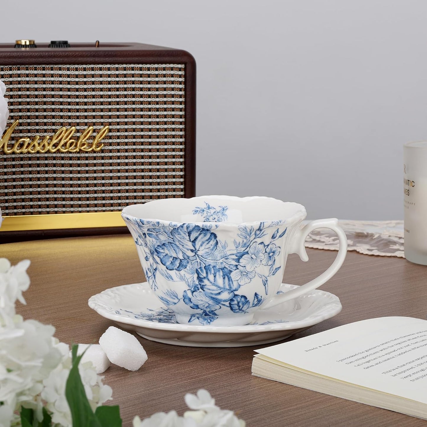 fanquare 8 Ounce Blue and White Tea Cup and Saucer Set, Relief Porcelain Coffee Cup with Ruffled Rim, Vintage Teacups for Women and Tea Parties
