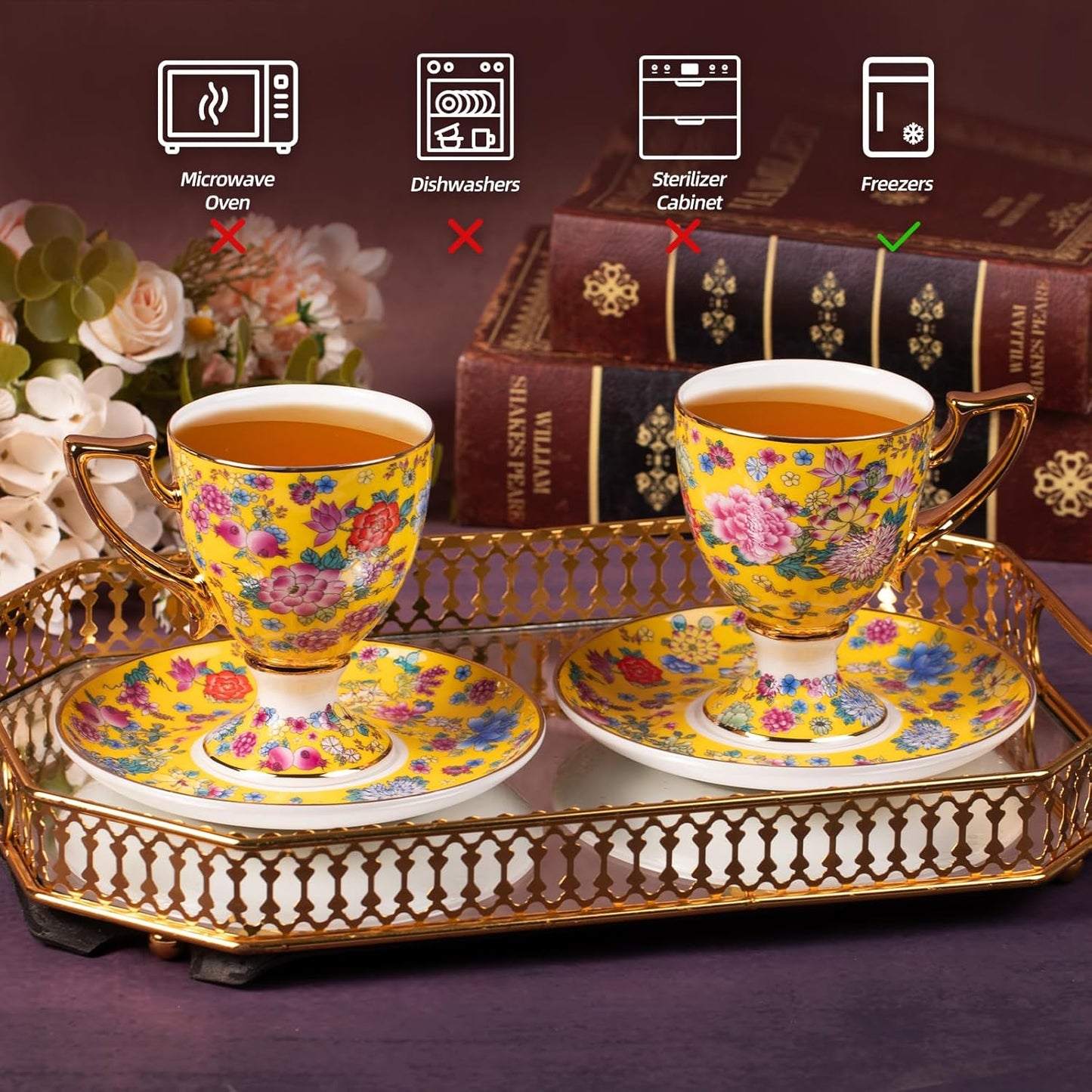 KAMMAK Tea Cups and Saucers Set of 2, Porcelain Coffee Cups with Saucer for Espresso, Cappuccino, 7oz Vintage Yellow Floral Ceramic Demitasse Mug for Home, Tea Party, Office