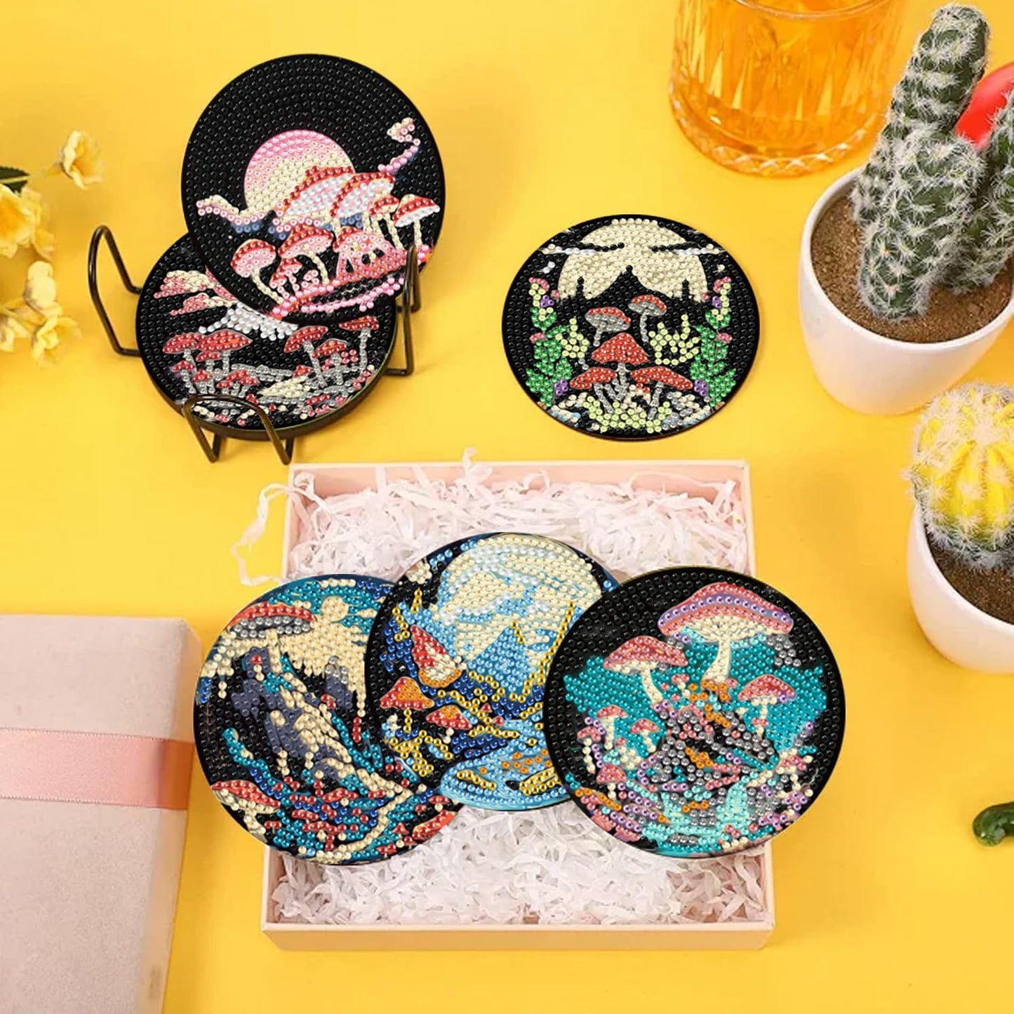 EWJRNSF 10 PCS Diamond Art Coasters Kit, Small Diamond Painting Coasters, Fall Diamond Art Kits for Adults Beginners, Arts and Crafts Supplies Item Sets with Holder Mushroom