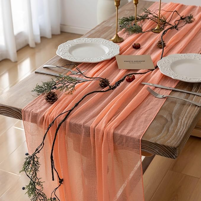 Fresh Salmon Cheesecloth Table Runner Peach Echo Gauze 120 Inch 10 FT Boho Cheese Cloth Table Runner for Wedding Baby Shower Bridal Shower Party Sheer Centerpiece Home Decorations