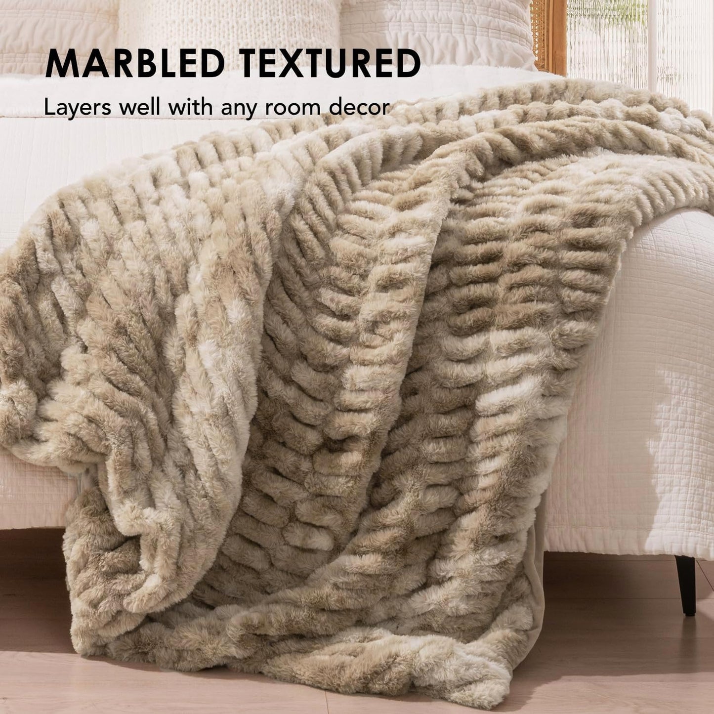 EVERGRACE Luxurious Soft Faux Rabbit Fur Throw Blanket, Cozy Fuzzy Plush Warm Throws for Couch Bed Sofa Chair Home Decor, Ruched Bubble Fluffy Blanket with Reversible Velvet, 50" x 60", Beige