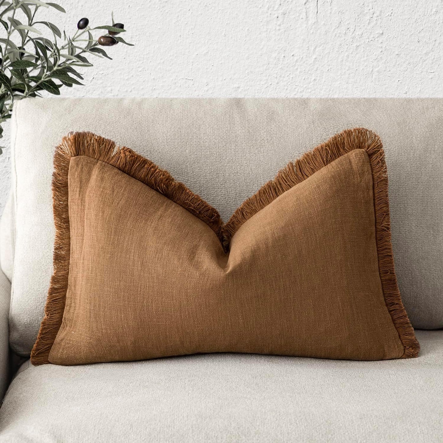 Foindtower Decorative Linen Fringe Lumbar Throw Pillow Covers Cozy Boho Farmhouse Cushion Cover with Tassel Soft Accent Pillowcase for Sofa Bed Living Room Home Decor, 12×20 Inch, 1PC,Orange Brown