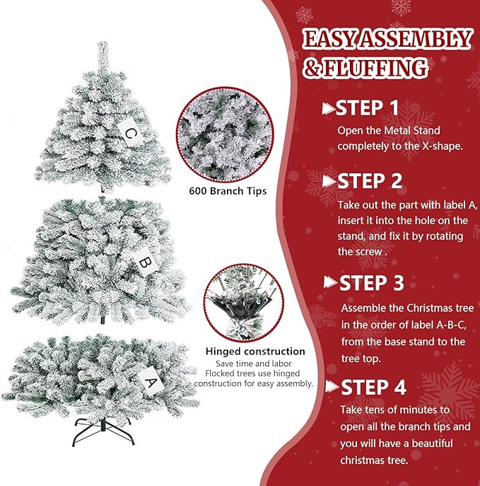 ULICO 5ft Snow Flocked Artificial Christmas Tree,Premium Spruce Xmas Tree with 600 Branch Tips, Fake Christmas Tree with Foldable Metal Base Stand,Home, Office,Party Decoration