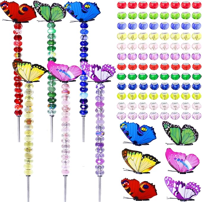 145 PCS Beaded Garden Stakes Kit, DIY Fairy Wand Garden Stake Beads Kits with Assortment Large Hole Beads 6 Colored Random Style Butterfly Tops and Threaded Rods for Outdoor Indoor Decor