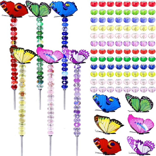 145 PCS Beaded Garden Stakes Kit, DIY Fairy Wand Garden Stake Beads Kits with Assortment Large Hole Beads 6 Colored Random Style Butterfly Tops and Threaded Rods for Outdoor Indoor Decor