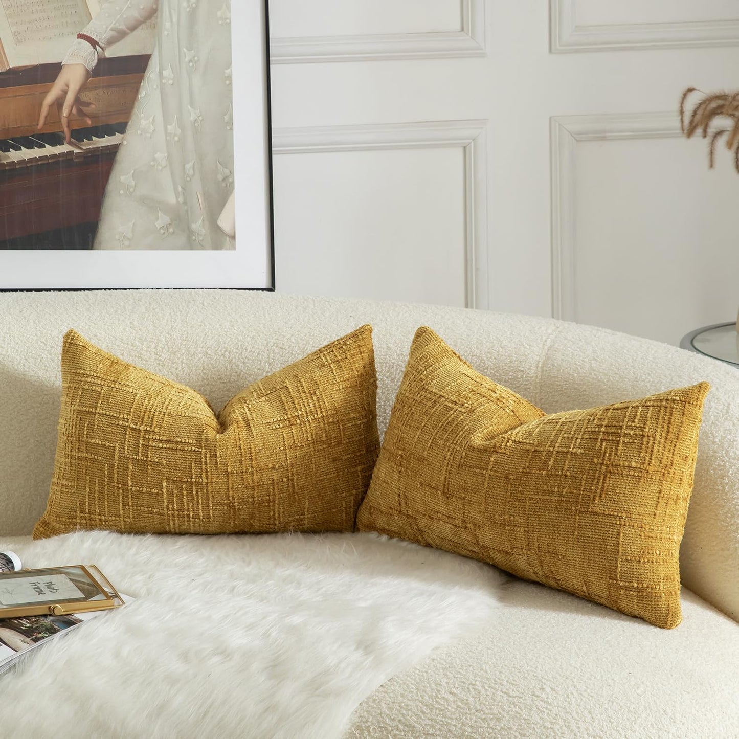 MANDIOO Pack of 2 Soft Chenille Textured Throw Pillow Covers Lumbar Accent Solid Decorative Cushion Cover Cozy Farmhouse Pillow Case for Couch Sofa Bed Living Room 16x24 Inch Ginger