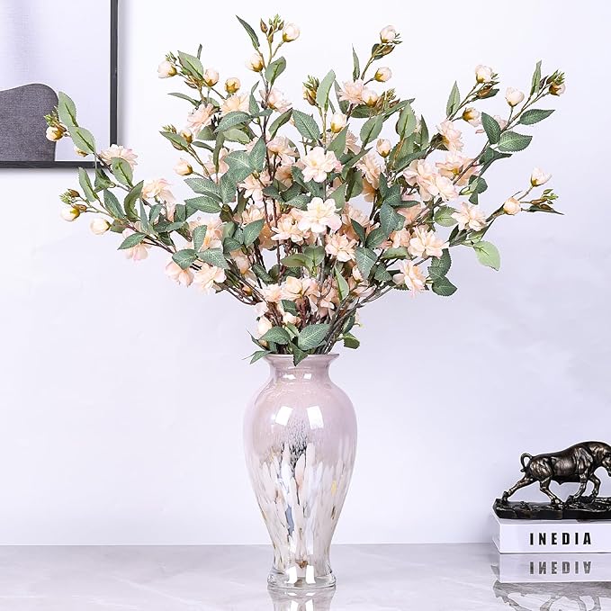 11.8" Tall Pink White Blown Glass Vase, Colorful Opaque Glass Vase, Unique Design Wide Mouth Art Decoration for Home, Living Room, Dining Table, Pampas Grass Decor (Pink White)