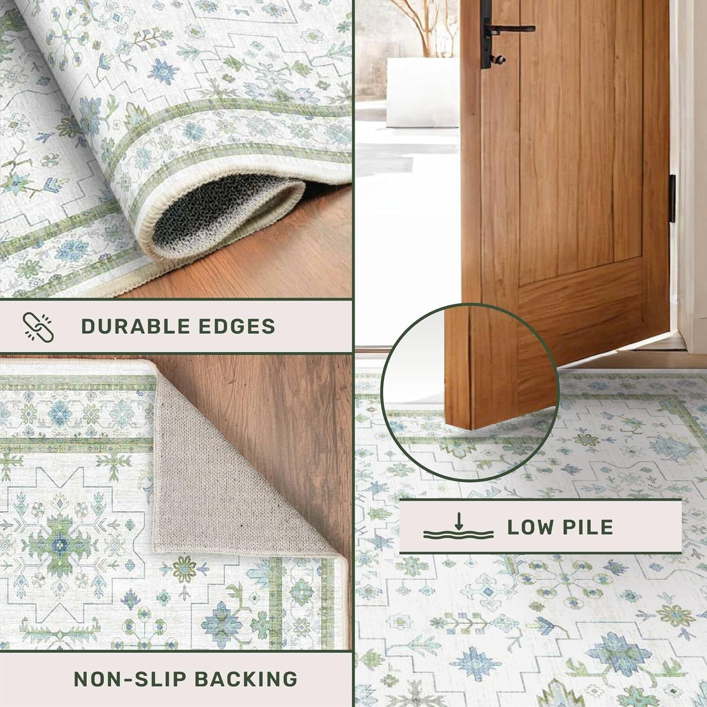 Blue and Green Washable Rugs 3x4 - Vintage Boho Floral Pastel Cream, Washable Low Pile Non Slip Small Throw Accent Area Rug for Bathroom, Door Mat Indoor Entrance, Kitchen, Bedroom Beside Bed Decor