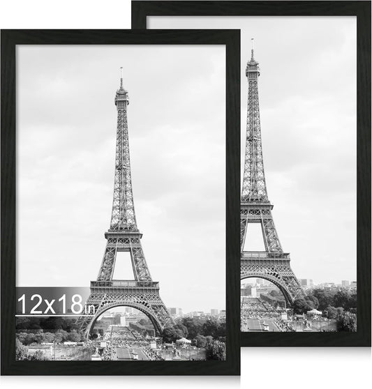 iRahmen 12x18 Picture Frame Set of 2 with Plexiglass, Black Wood Poster Frames for Photo Gallery Wall Mounting Horizontal and Vertical