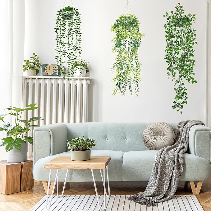 Dremisland Fake Hanging Plants with Pots 2Pack Faux Hanging Basket Plant Macrame Plant Hanger with Fake Vines Faux Hanging Planter for Wall Ceiling Home Bedroom Indoor Decor (Mix Plant-3PCS)