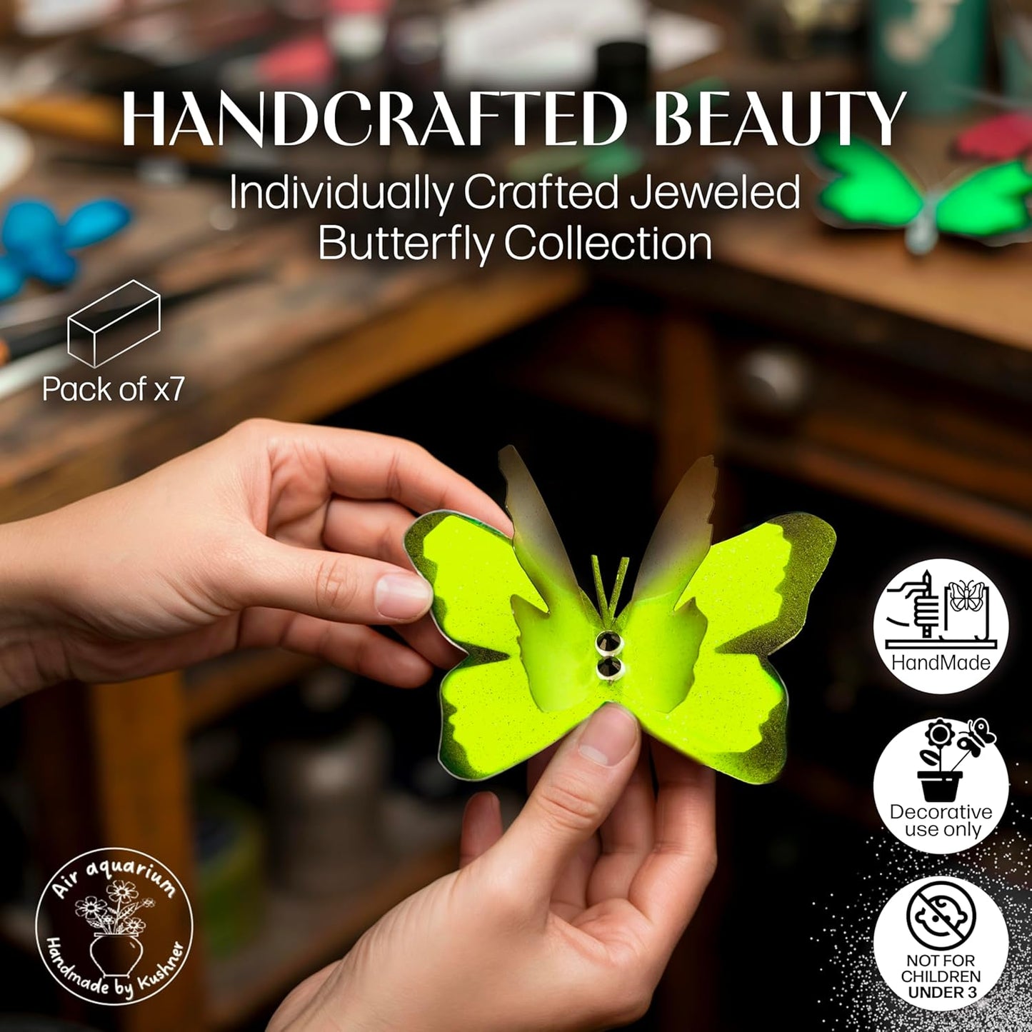 Handmade Butterfly Garden Stakes – Set of 7 Yellow Decorative Butterflies Idea for Garden & Nature Lovers – Outdoor & Indoor Garden Decor – Air Aquarium Handmade by Kushner