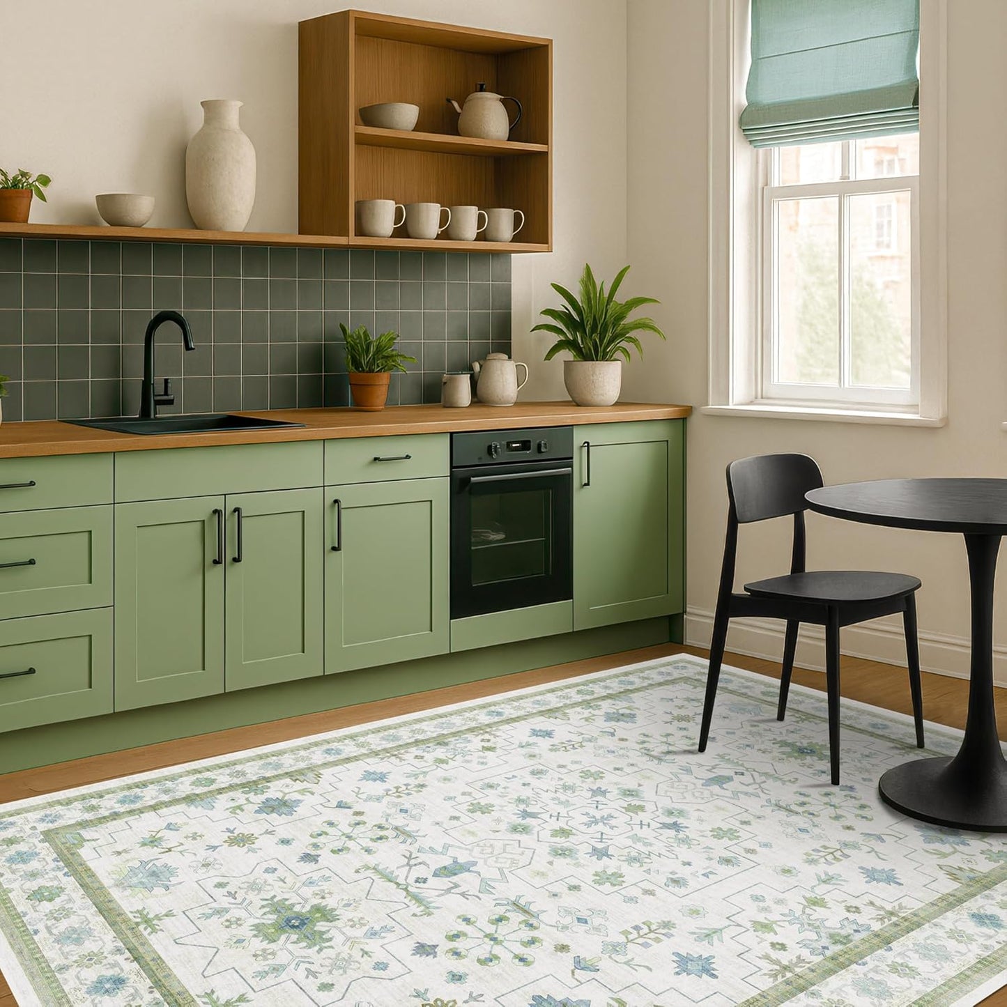 Cream Oushak 6x8 Bedroom Rug - Boho Floral Cool Blue and Green, Washable Low Pile Non-Slip Ultra-Thin Large Area Rugs for Bed Room, Living Room