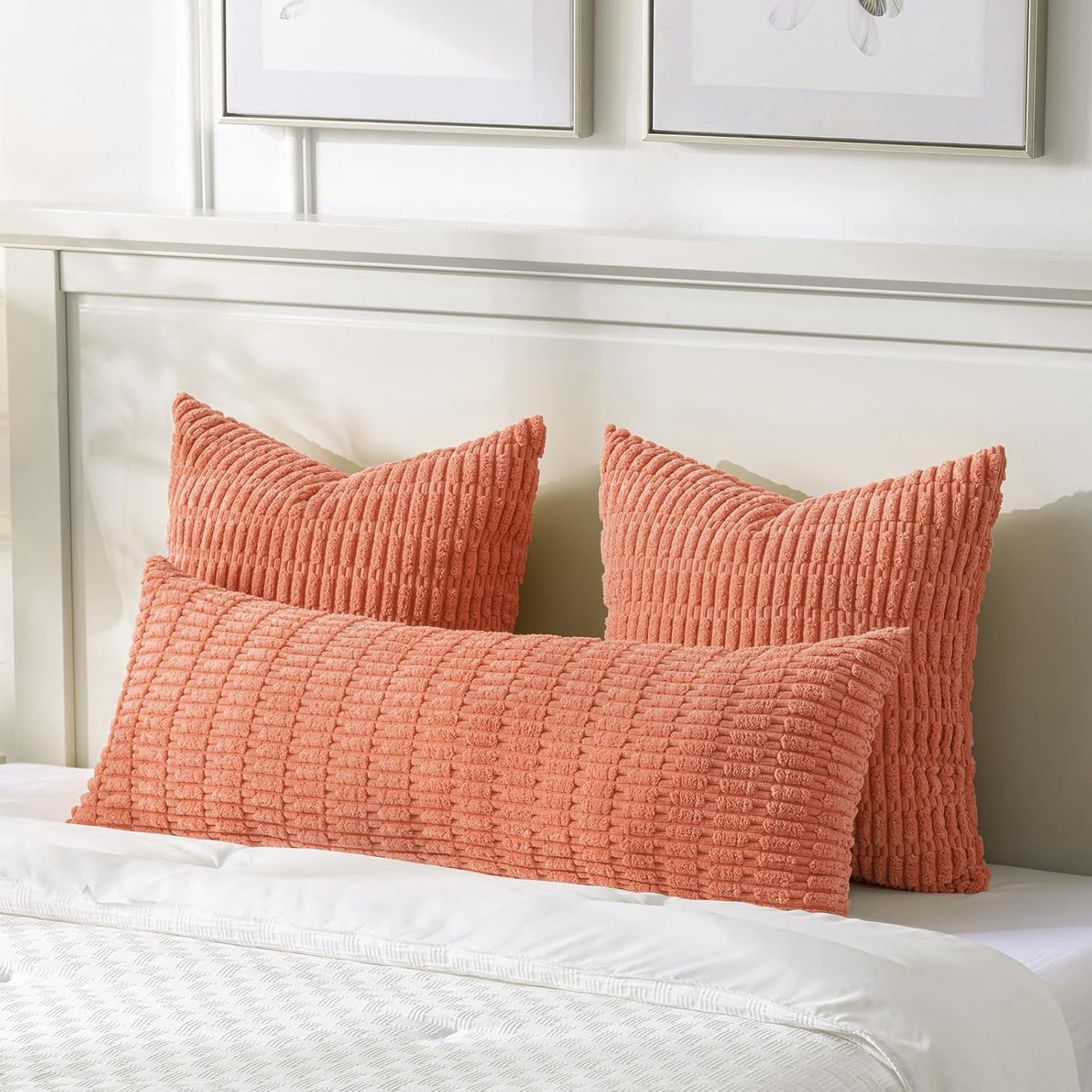 Fancy Homi Coral Long Body Lumbar Lumbar Decorative Throw Pillow Covers 14x36 Inch for Bed Couch Bedroom Bench, Soft Corduroy Rectangle Solid Pillow Case, Rustic Farmhouse Boho Room Decor