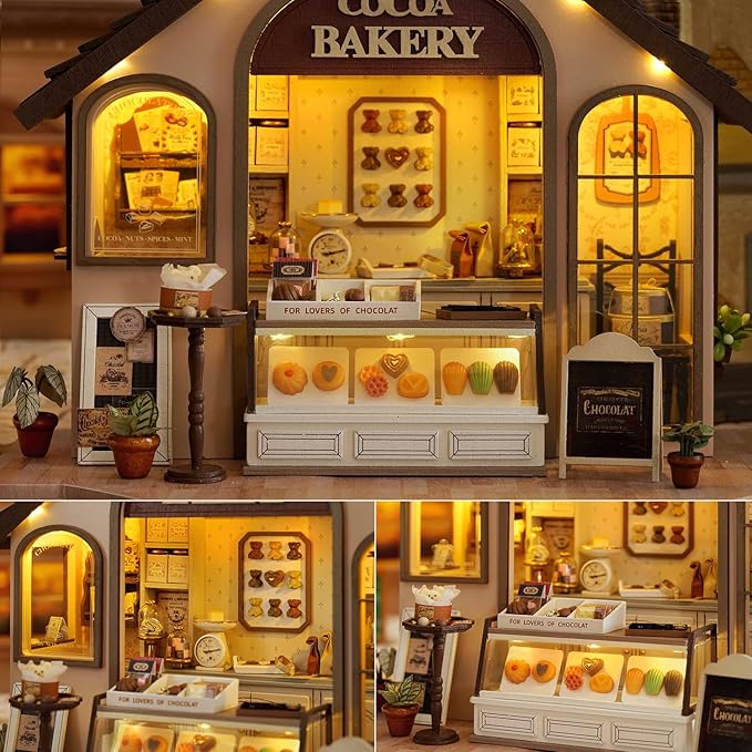 TuKIIE DIY Miniature House Kit with Furniture, 1:24 Scale Creative Room Mini Wooden Dollhouse Book Nook Plus Dust Proof & Music Movement for Kids Teens Adults(Leisurely Bakery)