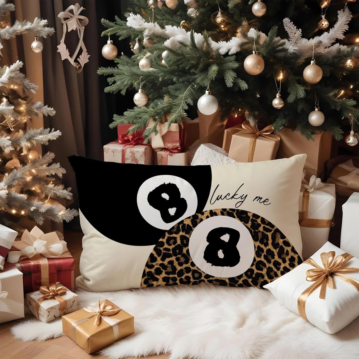 Coquette Pink Bow Leopard Print Lips Lucky 8 Ball Throw Pillow Covers 20x12, Cheetah Print Room Decor, Funky Y2K Leopard Decorative Pillow Covers for Girls Room Dorm Apartment Home