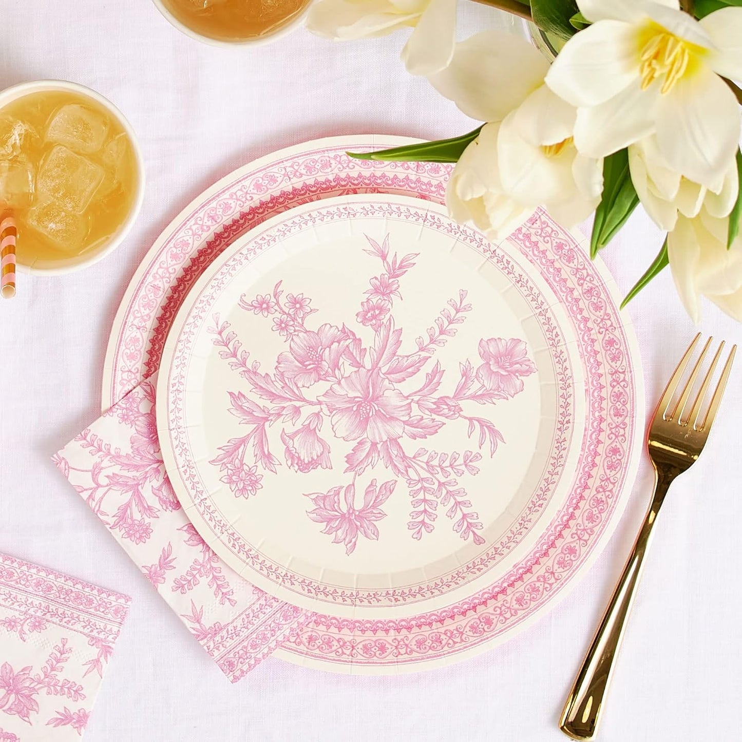 Coterie Pink Floral Paper Plates (Set of 10 Small) - For Bridal and Baby Shower, Garden Party, Birthday - 7.25" Fancy Plates