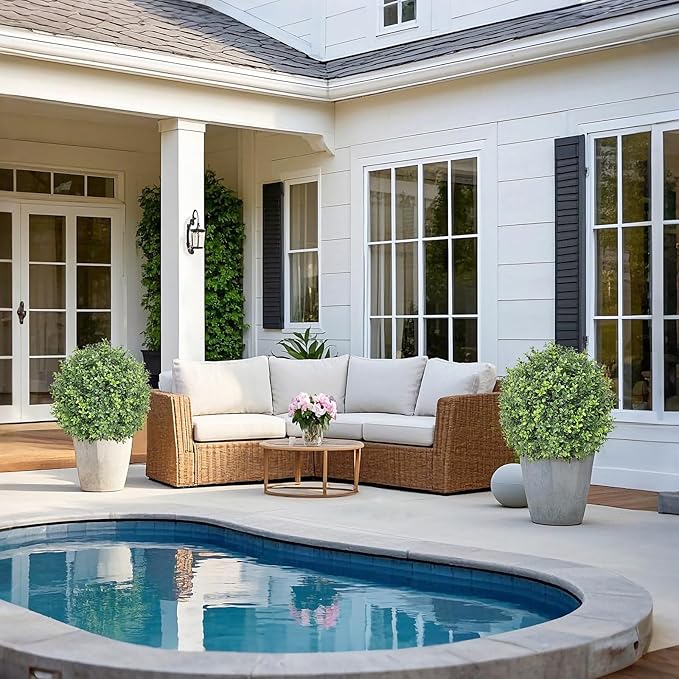 24 Inch Artificial Topiary Boxwood Ball Trees Outdoor – Set of 2 UV Resistant Faux Boxwood Topiary, Fake Potted Shrubs Evergreen for Front Door Porch Patio Balcony Home Decoration