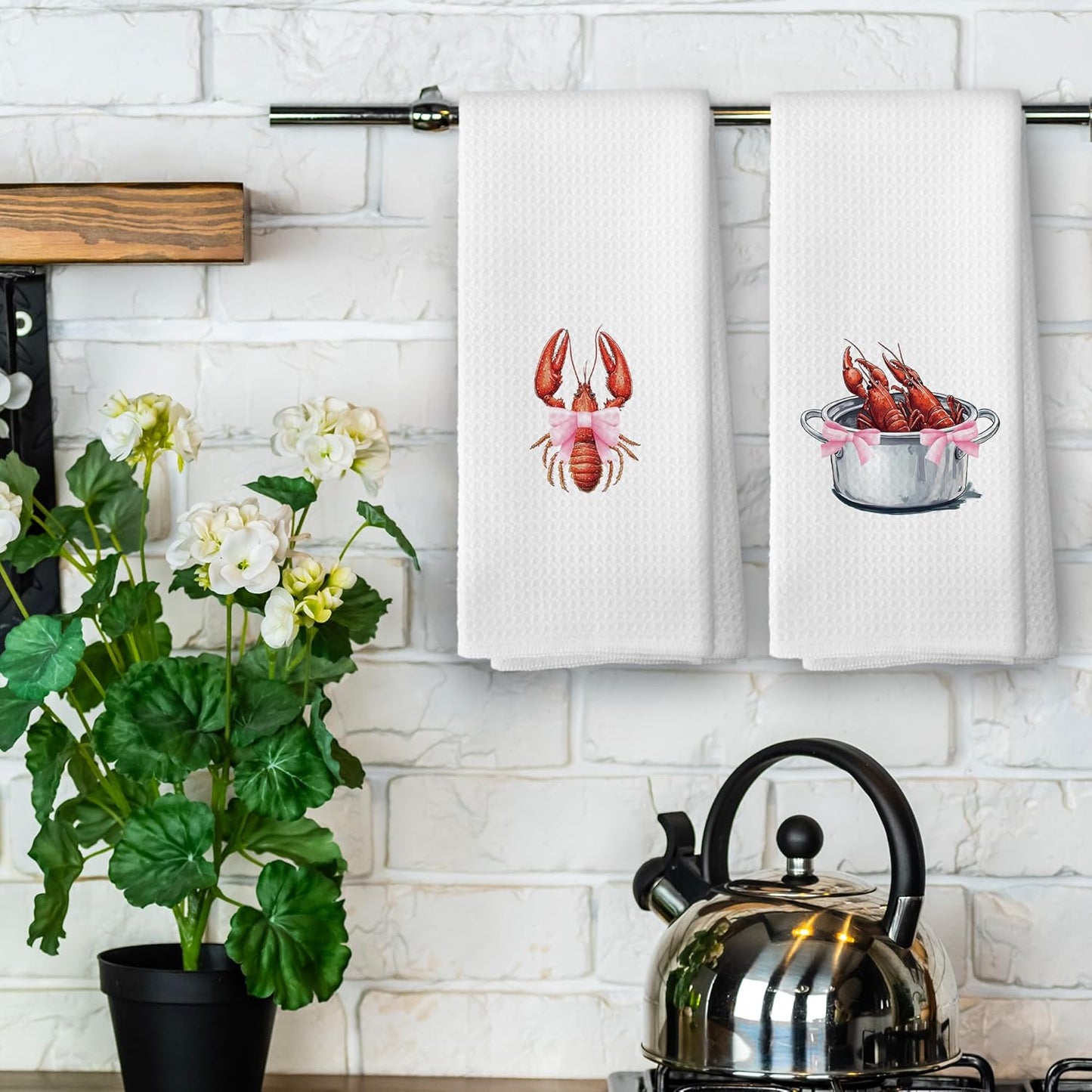Coquette Crawfish Kitchen Towels - Preppy Coastal Seafood Boil Dish Towels, Ocean Beach Lobsters Decorative Absorbent Dishcloths Hand Towel Set of 2 for Beach House Kitchen Decor 16x24 Inches
