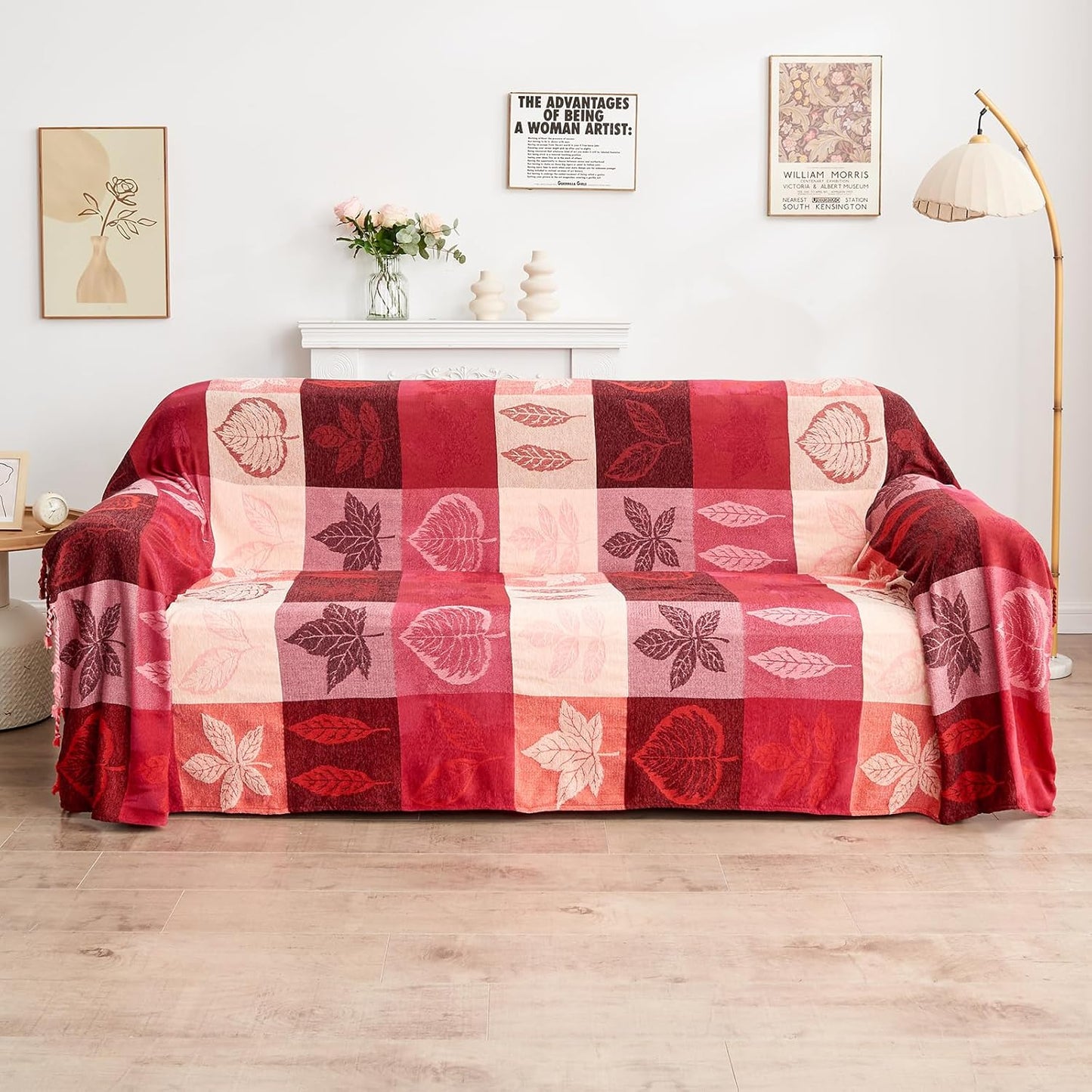 Bohemian Chenille Jacquard Tassel Throws - Reversible Red&Pink Maple Leaf Design for Boho Hippie Vibes - Oversized Blankets for Large Couch, Furniture, Sofa, Chair…