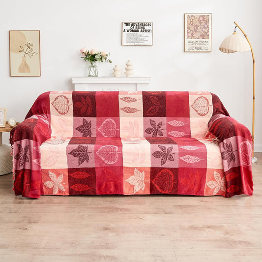 Bohemian Chenille Jacquard Tassel Throws - Reversible Red&Pink Maple Leaf Design for Boho Hippie Vibes - Oversized Blankets for Large Couch, Furniture, Sofa, Chair…
