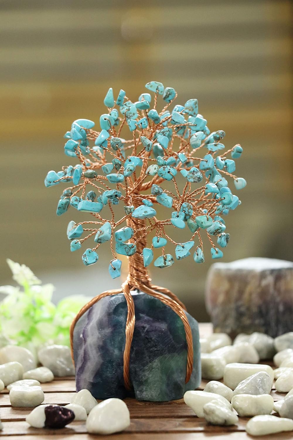 Crocon Howlite Green Turquoise Gemstone Money Tree with Fluorite Rough Wire Wrapped Base | Feng Shui Bonsai | Ornament Figurine | Chakra Balancing | Reiki Crystal Healing | Spiritual | Decor Size 5-6"