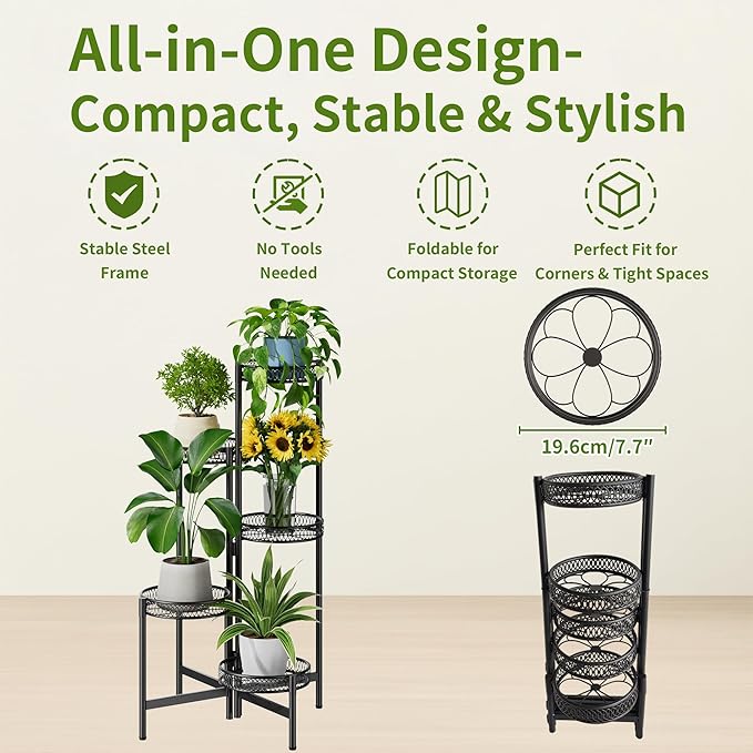 Plant Stand Indoor Outdoor, 5 Tier Corner Metal Flower Display Holder Stand, Folding Tall Plant Rack for Patio Balcony Porch Garden Living Room House, Heavy Duty Wrought Iron Plant Shelf - BlackFlower