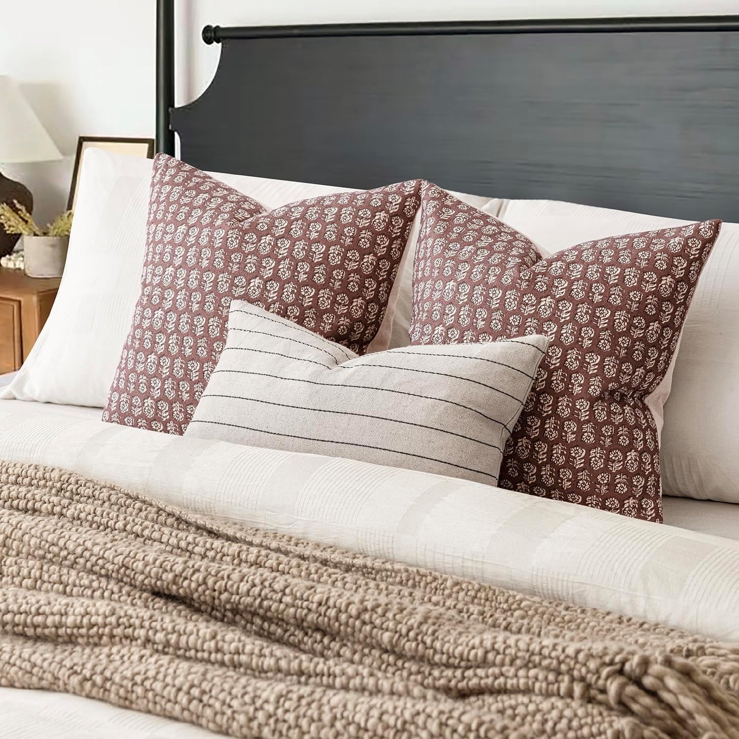 Foindtower Set of 2 Decorative Vintage Floral Print Throw Pillow Covers Neutral Modern Farmhouse Cushion Covers Boho Home Decor for Sofa Chair Couch Bedroom Living Room,18×18 Inch,Wine Red