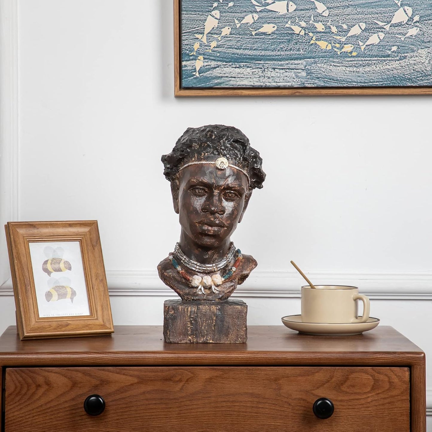 Leekung African Statues and Sculptures for Home Decor,African Figurines Head Statue Decorations for Home,African Art Sculptures Man Statue Decor for Living Room Woodstone Color
