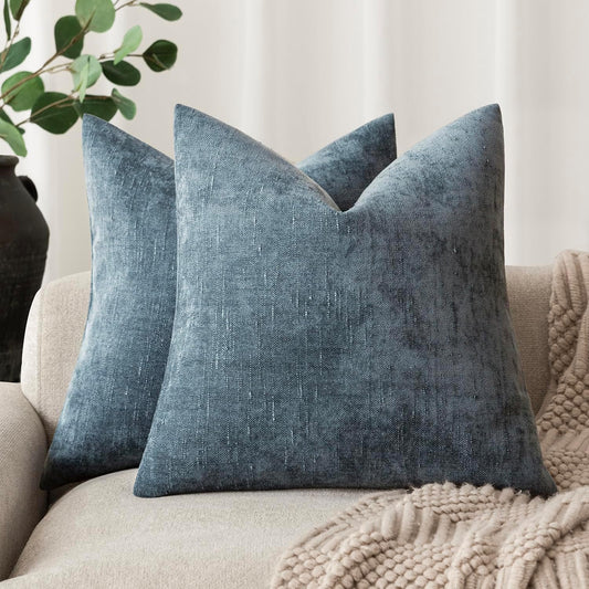 Foindtower Pack of 2 Soft Textured Chenille Throw Decorative Pillow Covers Square Accent Solid Cushion Cover Cozy Neutral Farmhouse Pillow Case for Couch Sofa Bedroom Living Room 20x20 Inch,Blue