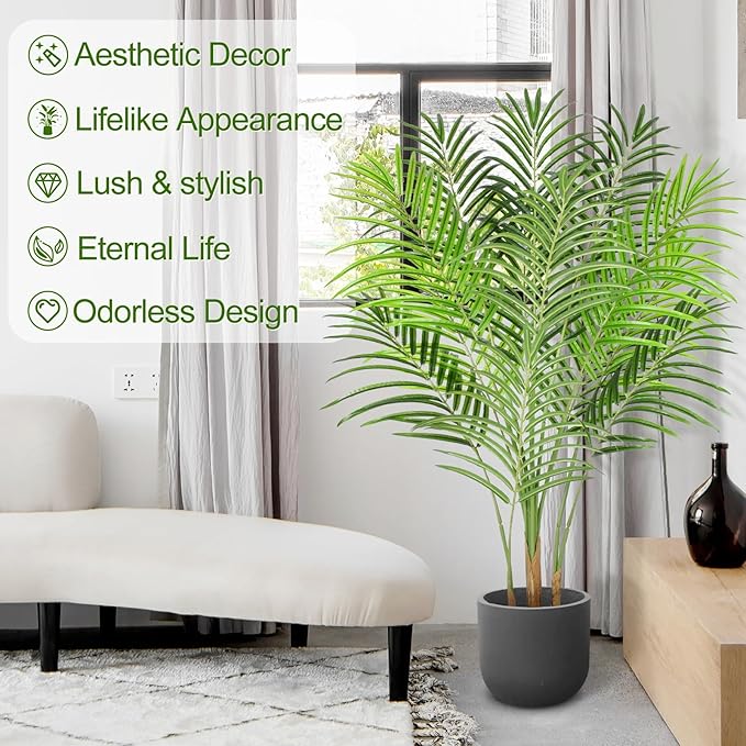 4ft Tall Fake Palm Tree with 13 Trunks and Real Bark Design, Green, Premium Polyester