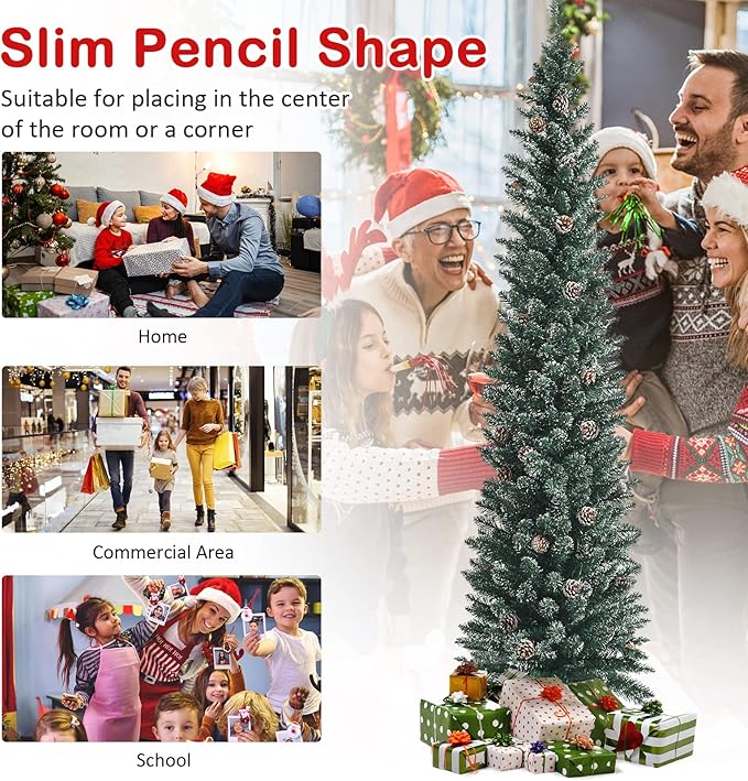 5 ft Pencil Christmas Tree, Slim Flocked Christmas Tree with 214 PVC Branch Tips, 25 Pine Cones & Foldable Metal Stand, Skinny Xmas Trees, Artificial Christmas Tree for Home, Office, Holiday