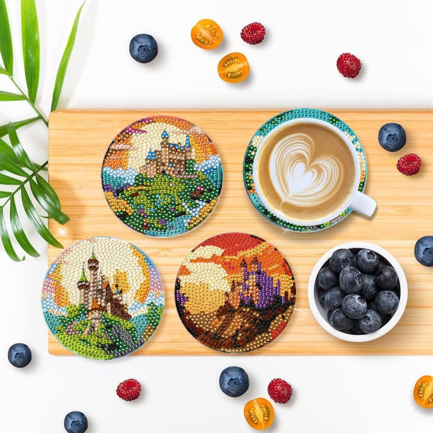 DOTSOPS 8 Pieces Castle Diamond Painting Coasters with Holder - Diamond Art Coasters with Cork Base for Beginners Adults & Craft Supplies Party Item(Castle)