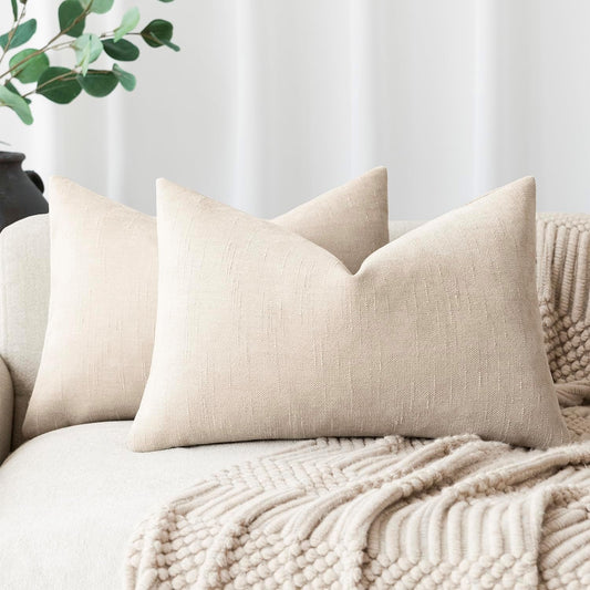 Foindtower Pack of 2 Soft Textured Throw Decorative Pillow Covers Lumbar Accent Solid Cushion Cover Cozy Neutral Farmhouse Pillow Case for Couch Sofa Bedroom Living Room 12x24 Inch, Light Beige