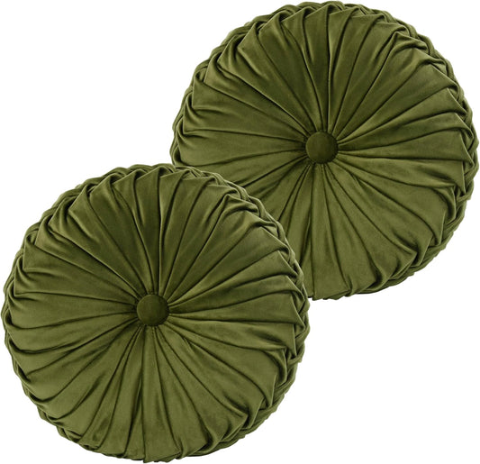 HIG Set of 2 Decorative Round Pleated Throw Pillows, Classy Accent Pumpkin Throw Pillows with Center Button, Vintage Velvet Floor Pillows for Sofa Couch Vanity Chair Bed, Olive, 14.5" Diameter(Ripple)