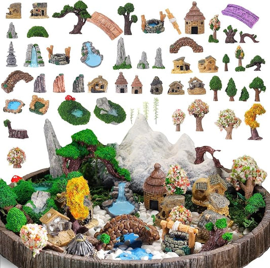 58 Pcs Miniature Garden Set Fairy House Bridge Rockery River Diorama Supplies Mini Terrarium Figurines Fairy Village Micro Landscape Ornament Model Trees for DIY Garden Decor Succulent Dollhouse Craft