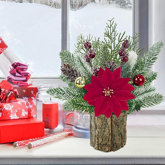 TORONTOKYO 2 Pack Small Christmas Tree, Artificial Tabletop Snowny Mini Christmas Tree Small Fake Plants with Red Poinsettia Berries Balls Pine Cones for Christmas Home Office Desk Party Decorations