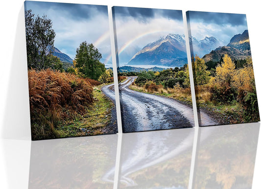 Landscape Canvas Wall Art 3 Pieces Winter Rainbow Forest Defoliation Mountain Picture Print Scenery Theme Poster Painting Artwork for Modern Home Living Room Office Stretched and Framed [72''Wx 36''H]