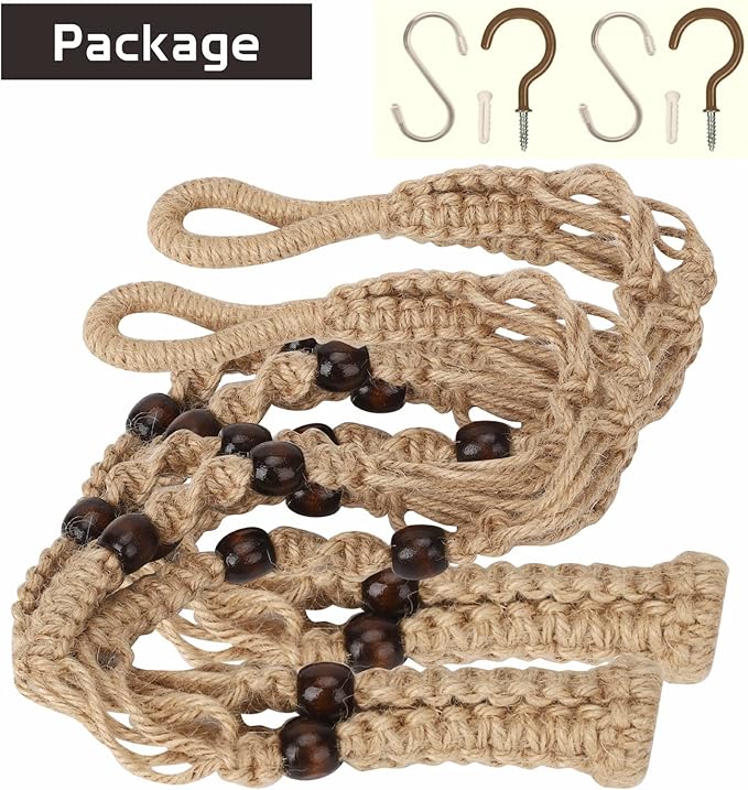 Macrame Plant Hanger 35", Set of 2 No Tassel Hanging Plant Holder, Sturdy Flower Pot Holder with 4 Hooks - Brown