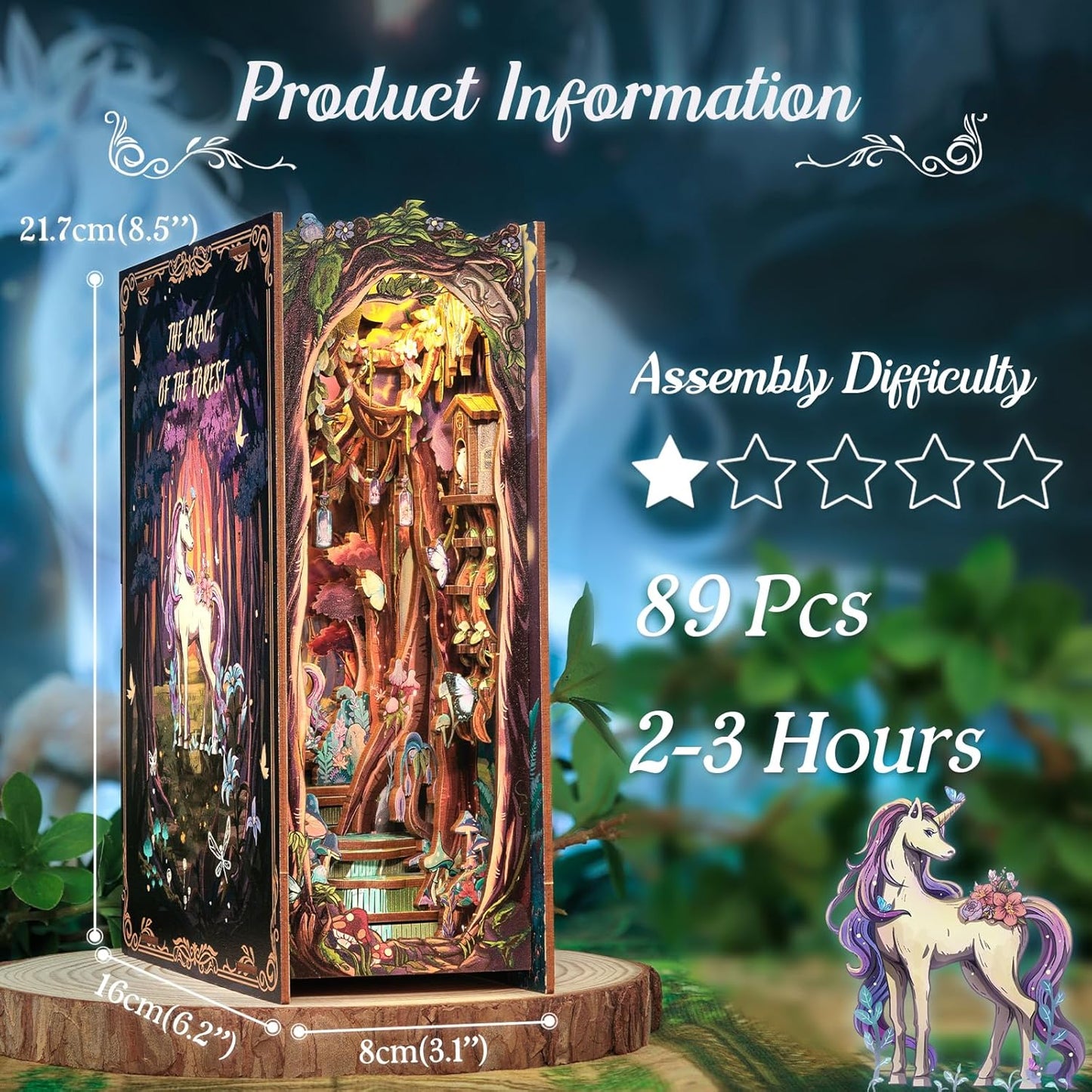 Cutefun Book Nook Kit, DIY Miniature Dollhouse Kit for Adults and Teens, 3D Wooden Puzzle Bookends, Bookshelf Insert Decor w/LED Light Dust Cover, Christmas Birthday Gifts (Forest Unicorn)