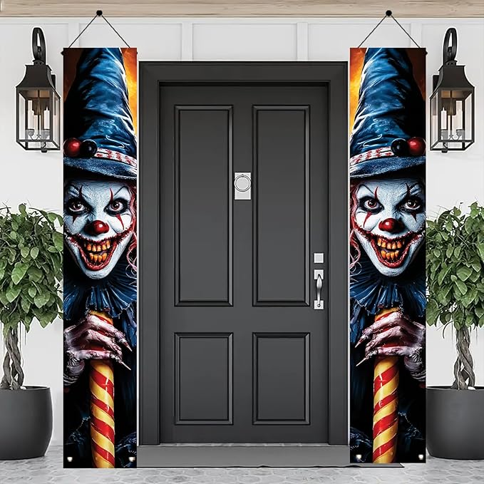 2PCS Halloween Porch Banner Decorations Scary Clown Door Signs 71 x 12 Inch Creepy Outdoor Indoor Halloween Front Door Decor Haunted House Wall Fireplace Hanging Banner Party Supplies