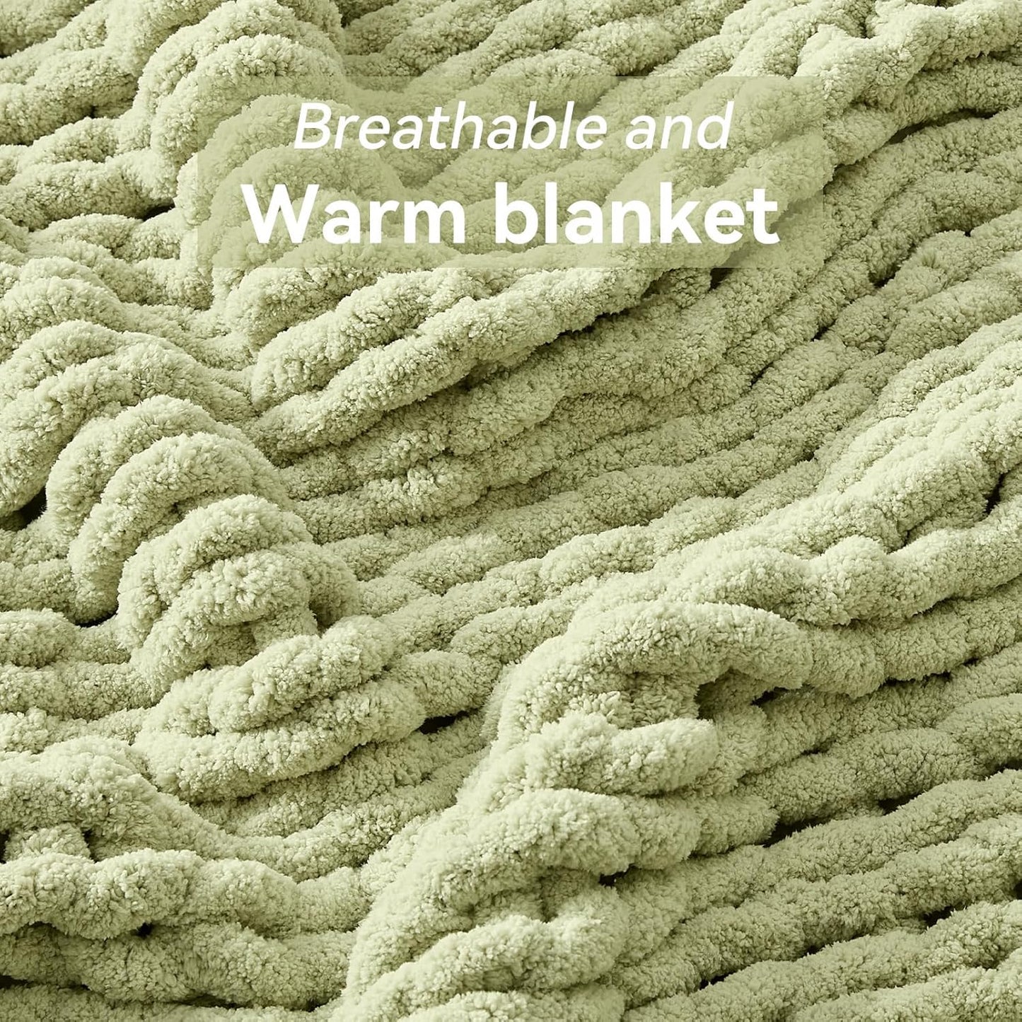 Chunky Knit Throw Blanket, 50''*60'' Knitted Throw Chenille Yarn for Bed Couch, Handmade Light Green Crochet Big Thick Blanket, Machine Washable Cute Comfy Blanket for Home Decor