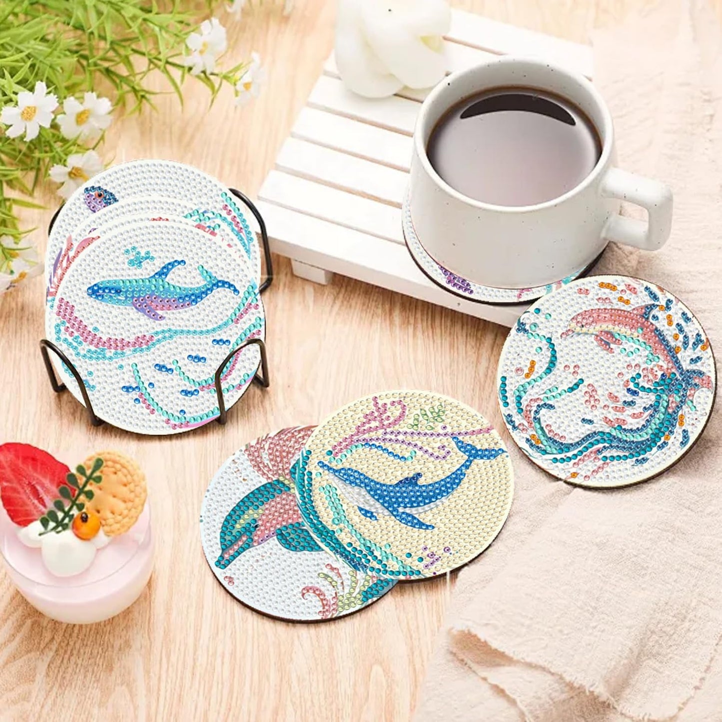 EWJRNSF 10 PCS Diamond Art Coasters Kit, Small Diamond Painting Coasters, Fall Diamond Art Kits for Adults Beginners, Arts and Crafts Supplies Item Sets with Holder Ocean