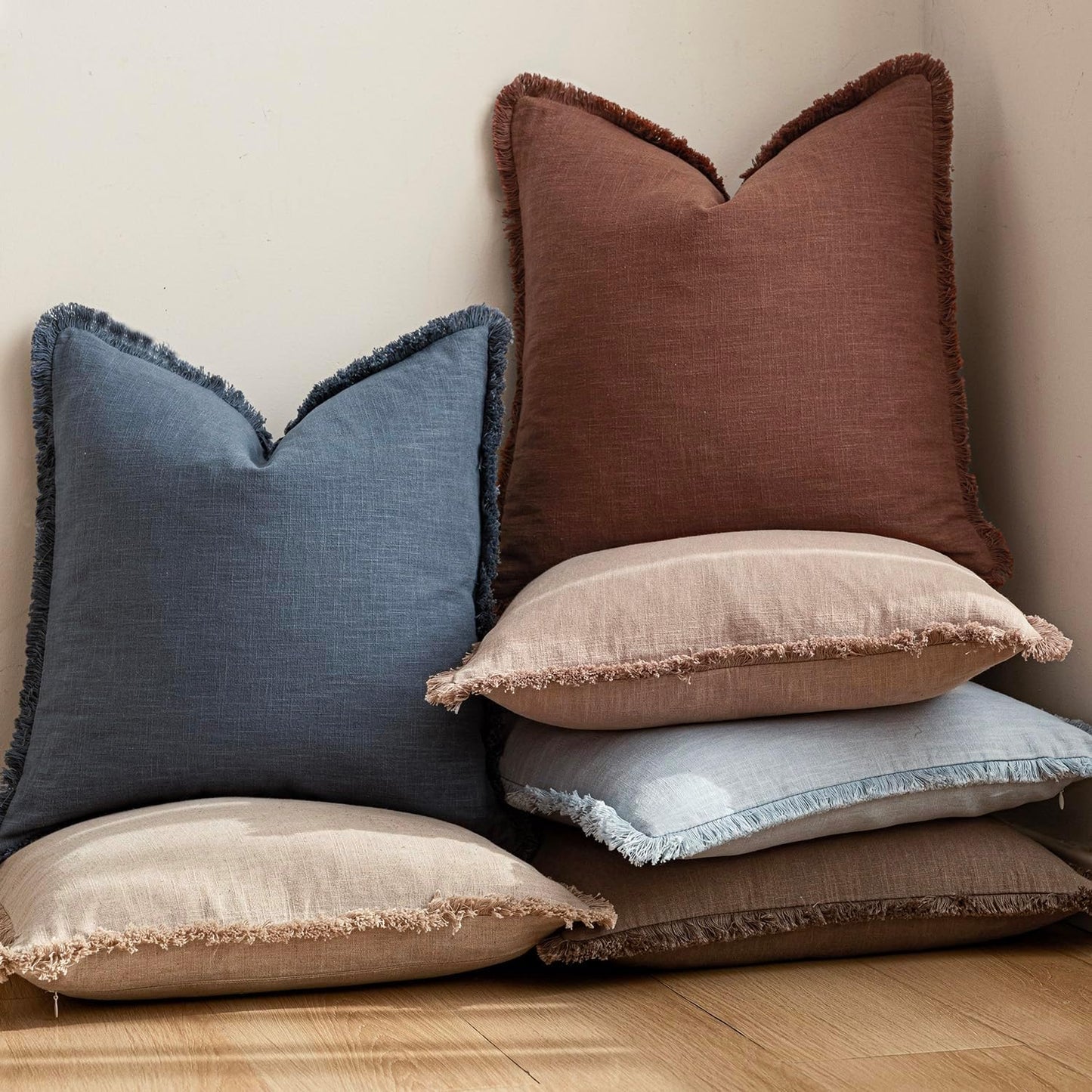 Foindtower Decorative Linen Fringe Throw Pillow Covers Cozy Boho Farmhouse Cushion Cover with Tassels Soft Accent Pillowcase for Chair Sofa Bed Living Room Home Decor, 16×16 Inch,1PC,Sky Blue