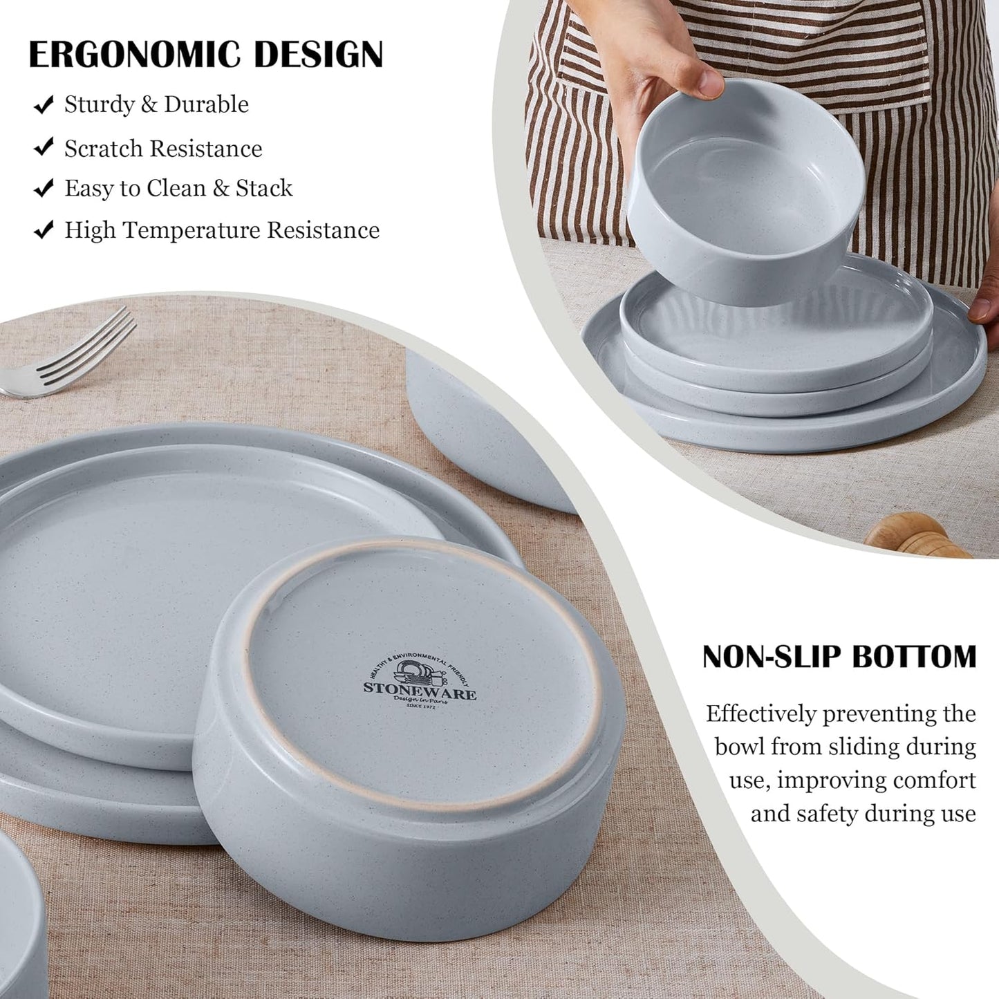 E-far Stoneware Dinnerware Sets, 12-Piece Plates and Bowls Dish Set for 4, Kitchen Modern Dinning Ware, Chip and Scratch Resistant, Microwave & Dishwasher Safe, Speckled Gray