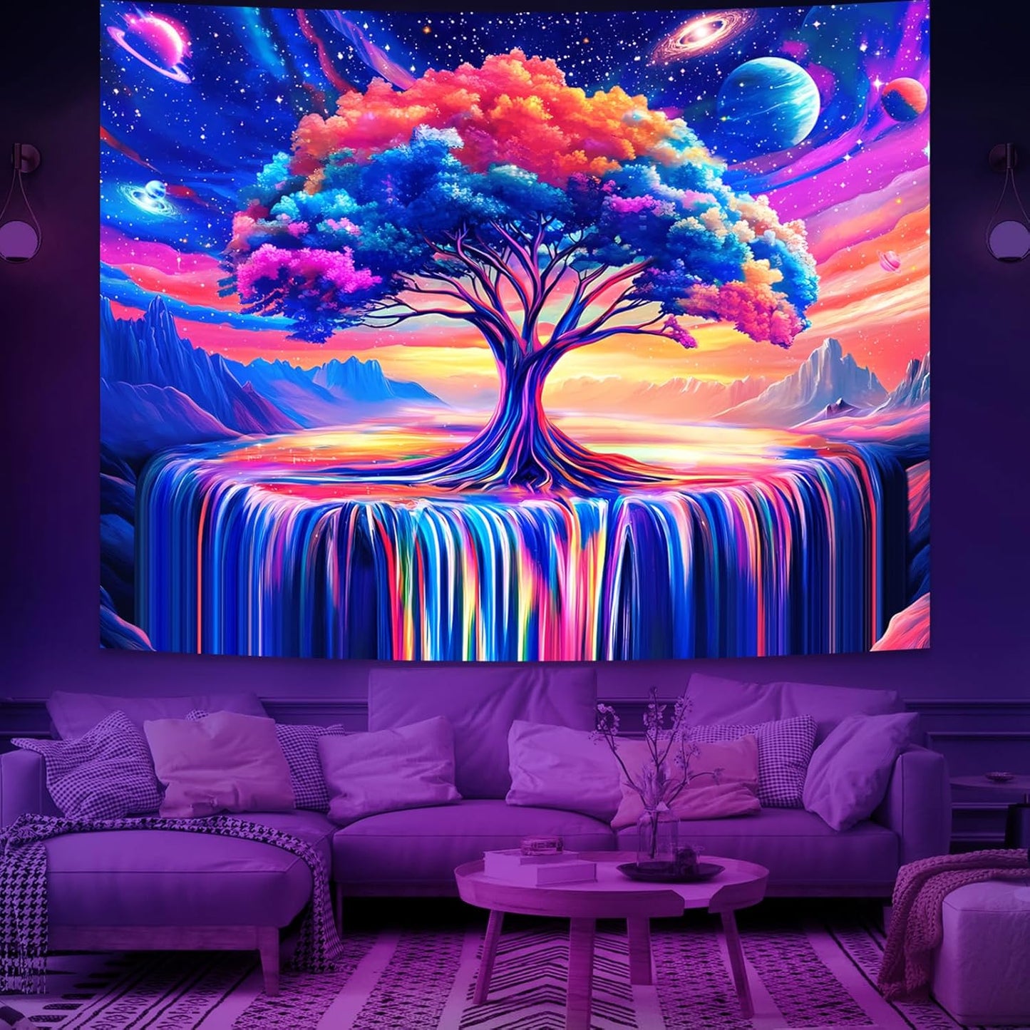 Blacklight Tree of Life Tapestry for Bedroom, Black Light Posters Space Galaxy UV Reactive Art Tapestries Aesthetic, Colorful Starry Sky Wall Hanging for Adults Living Room Dorm Decor (51'' x 60'')