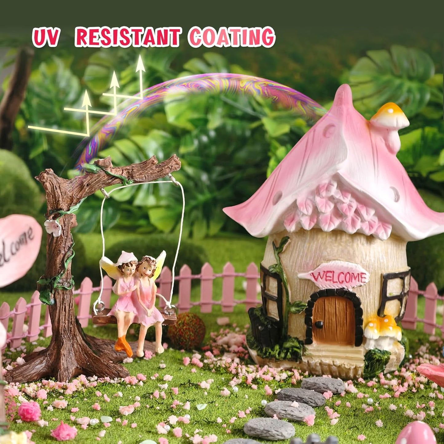DONABELA Fairy Garden Decor Kit Pink Resin Miniature House Figurines Set Swing Directional Sign Bird Drinking Pool Fence Little Mushroom Outdoor Tiny Accessories for Kids