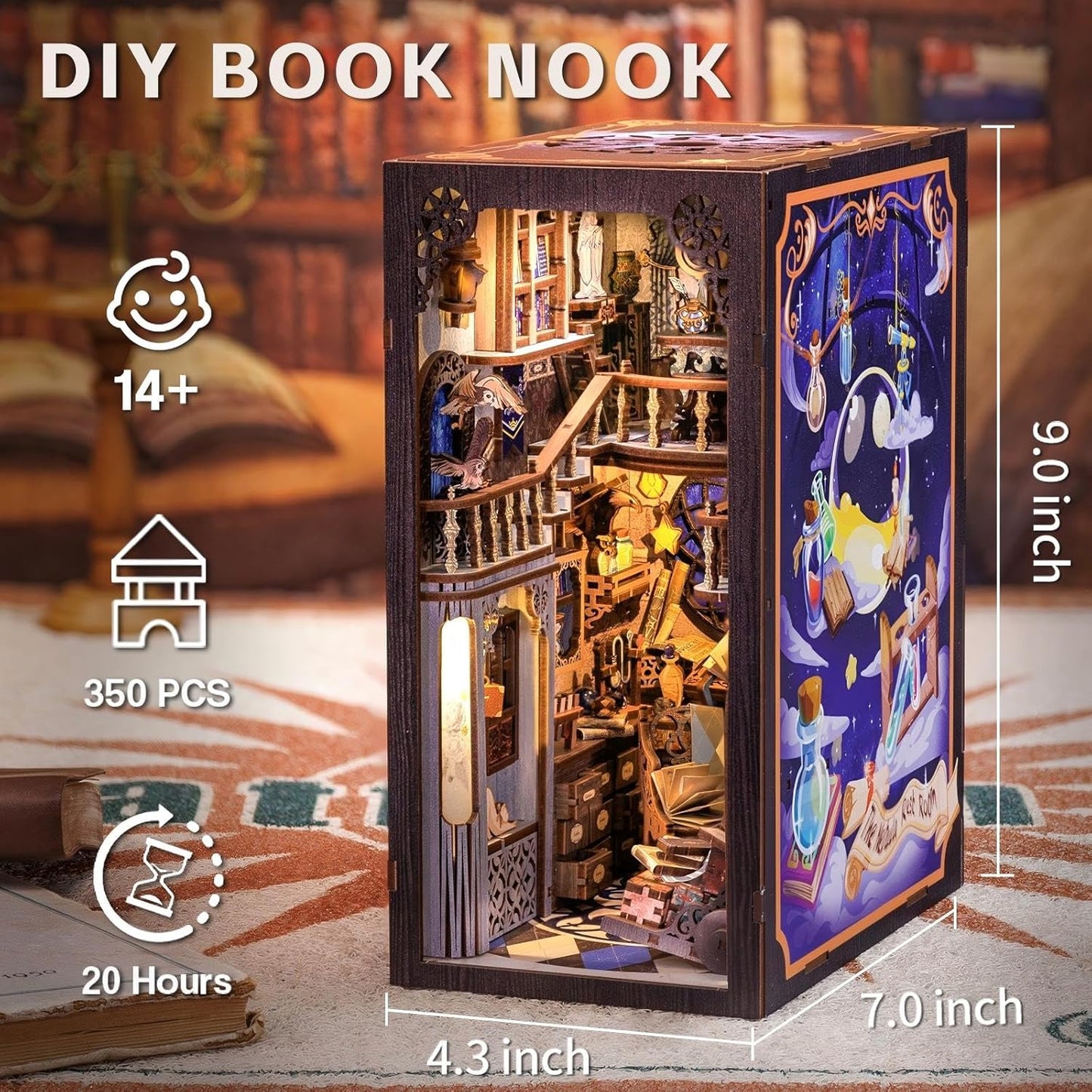 Fsolis Book Nook Kit DIY Miniature House Kit, 3D Wooden Puzzles for Adults, 350pcs, Booknook Magic Bookshelf Decor Decoratvie Bookends Tiny House Gifts for Women Teens Book Lovers(Nebula Common Room)