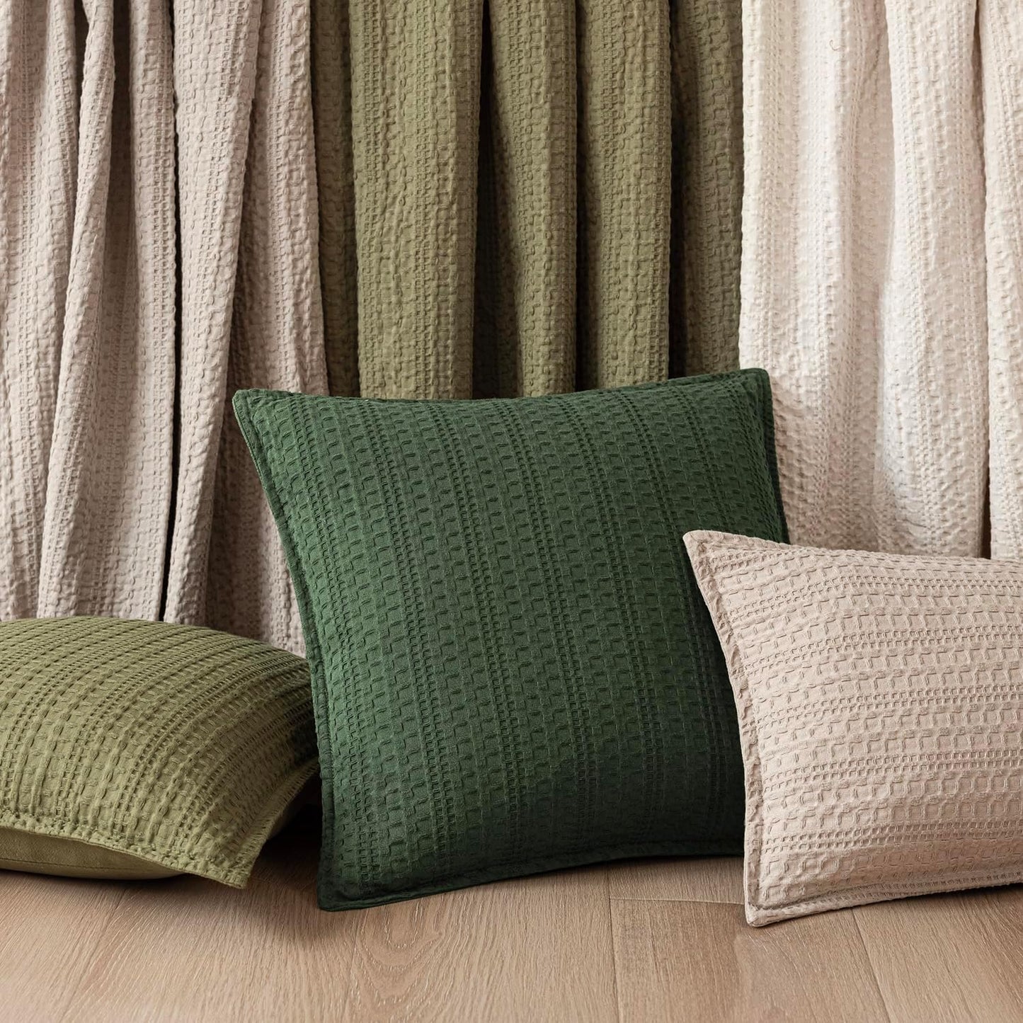 Foindtower Set of 2 Decorative Cotton Waffle Weave Throw Pillow Covers Euro Shams Cushion Covers Accent European Pillowcase for Bed Couch Sofa Bedroom Living Room Home Decor 18×18 Inch Dark Green